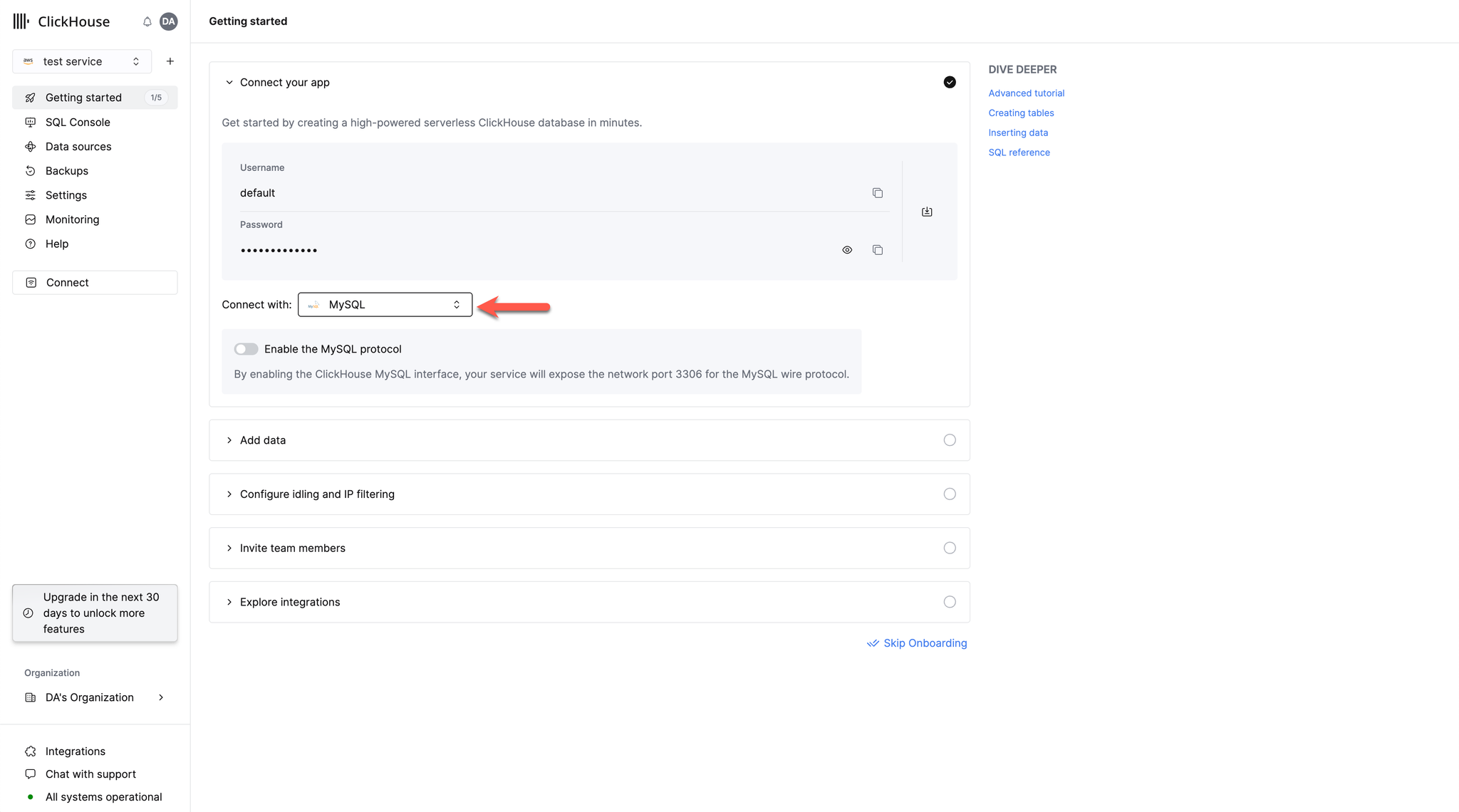 ClickHouse Cloud credentials screen showing MySQL interface selection dropdown - Zoomed