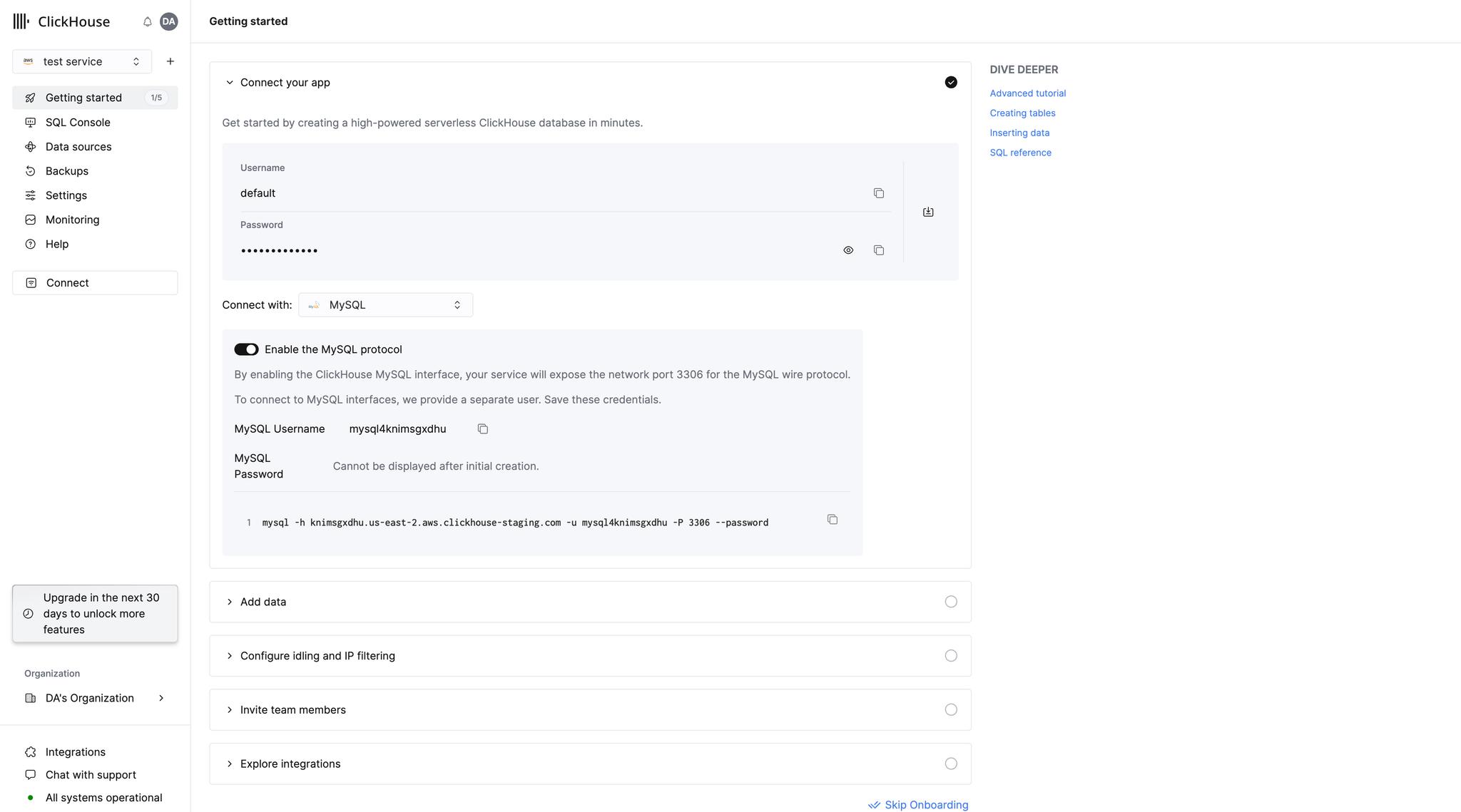 ClickHouse Cloud MySQL interface enabling toggle and connection details - Zoomed