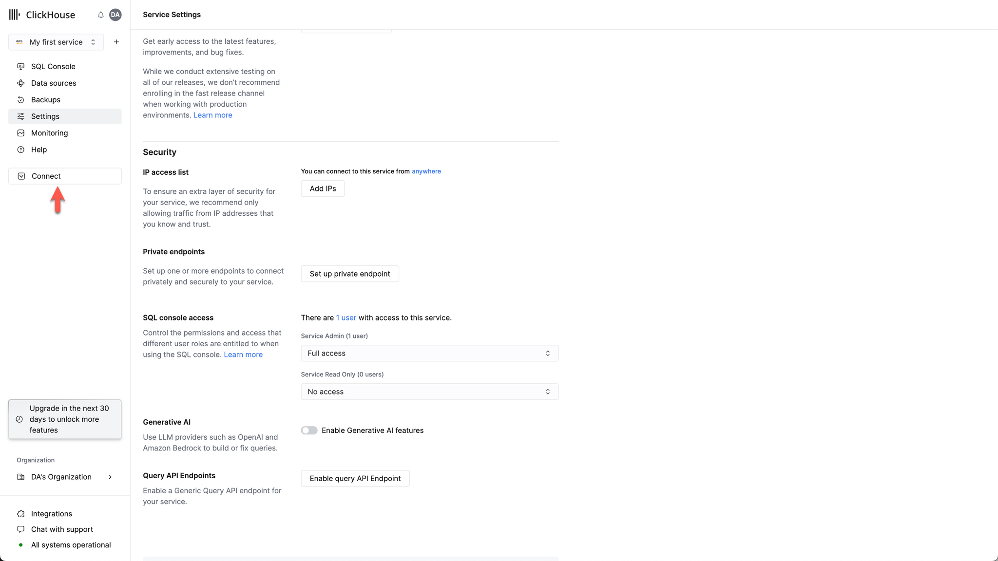 ClickHouse Cloud service connection screen with Connect option highlighted - Zoomed