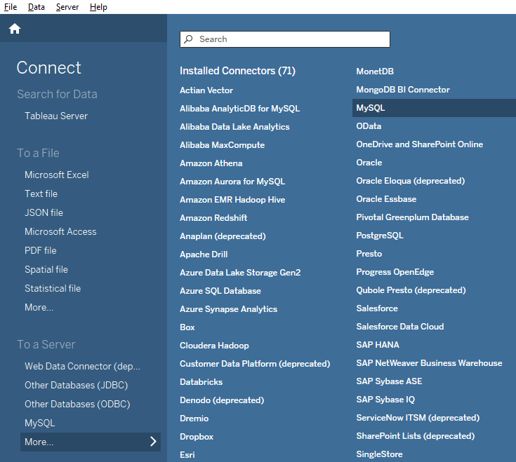 Tableau Desktop interface showing the Connect menu with MySQL option highlighted - Zoomed