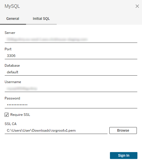 Tableau Desktop MySQL connection dialog with SSL option enabled and fields for server, username, password and certificate - Zoomed