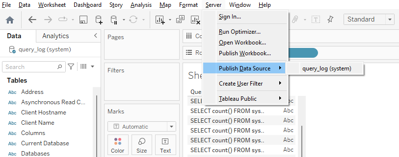 Tableau Desktop showing Server menu with Publish Data Source option highlighted - Zoomed