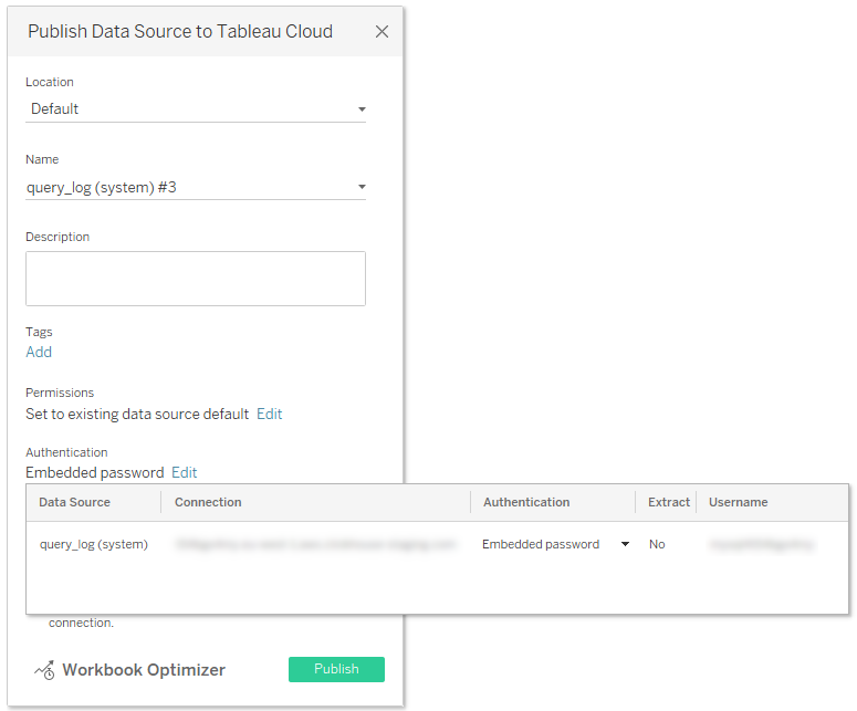 Tableau Desktop publish dialog showing Authentication options with Embedded password selected - Zoomed