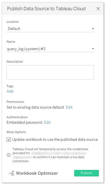 Tableau Desktop publish dialog with 'Update workbook to use the published data source' option checked - Zoomed