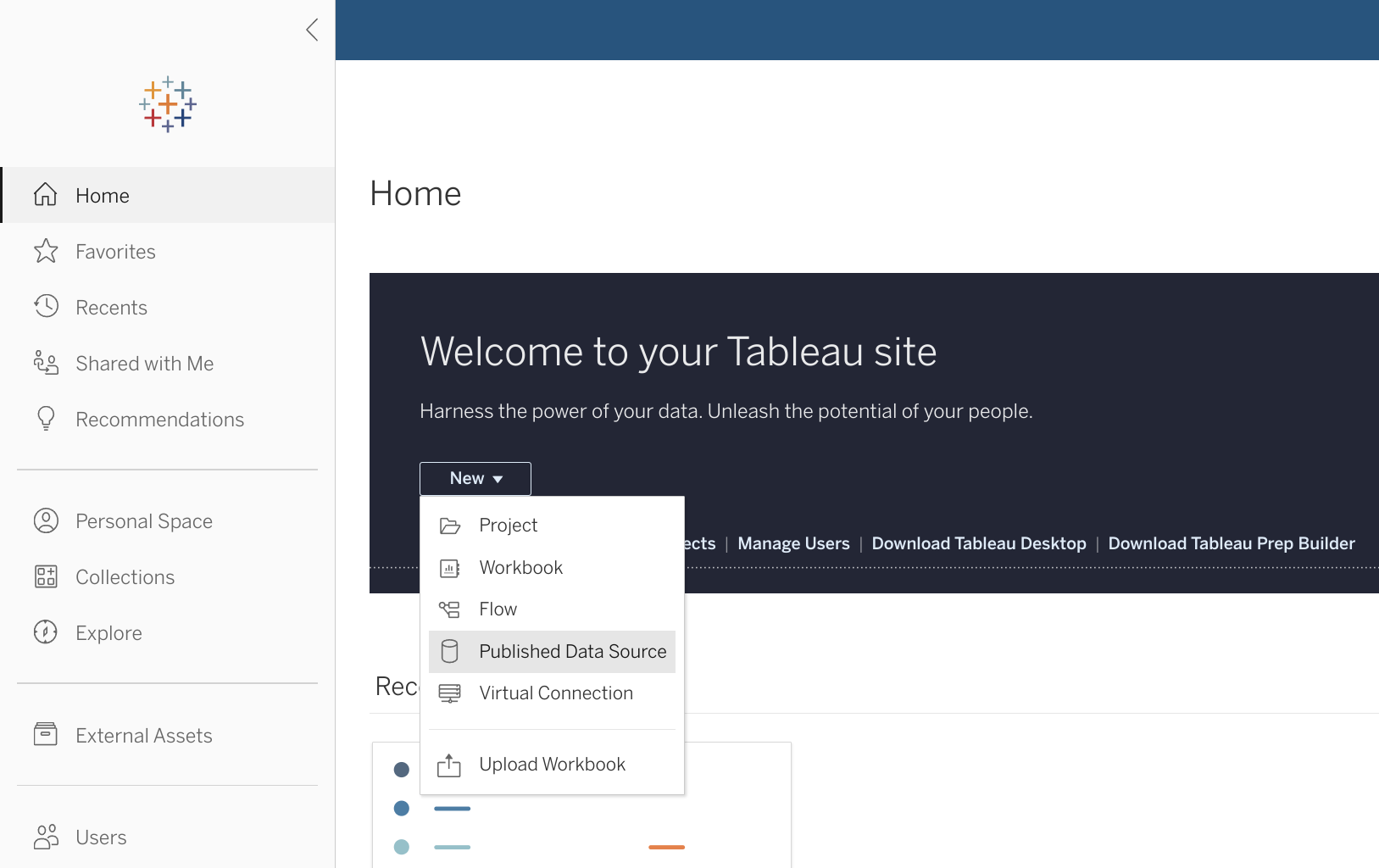 Tableau Online interface showing the 'New' button to create a published data source - Zoomed