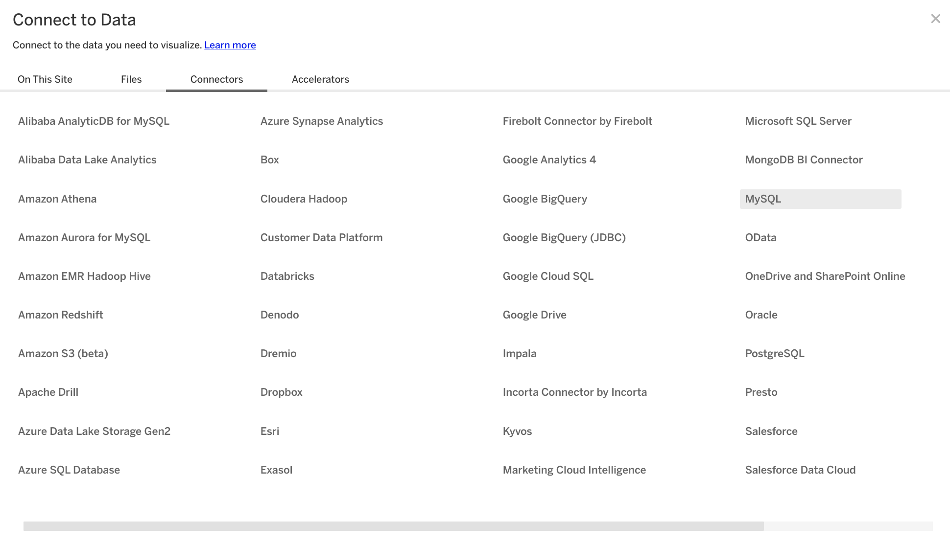 Tableau Online connector selection screen with MySQL option highlighted - Zoomed