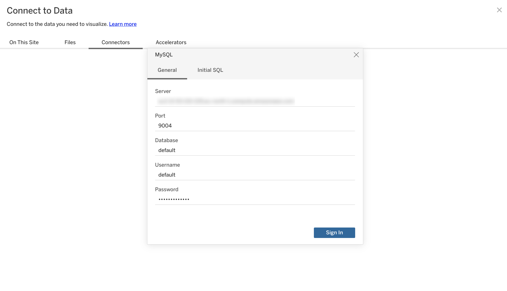 Tableau Online MySQL connection configuration screen with server, port, database and credential fields - Zoomed