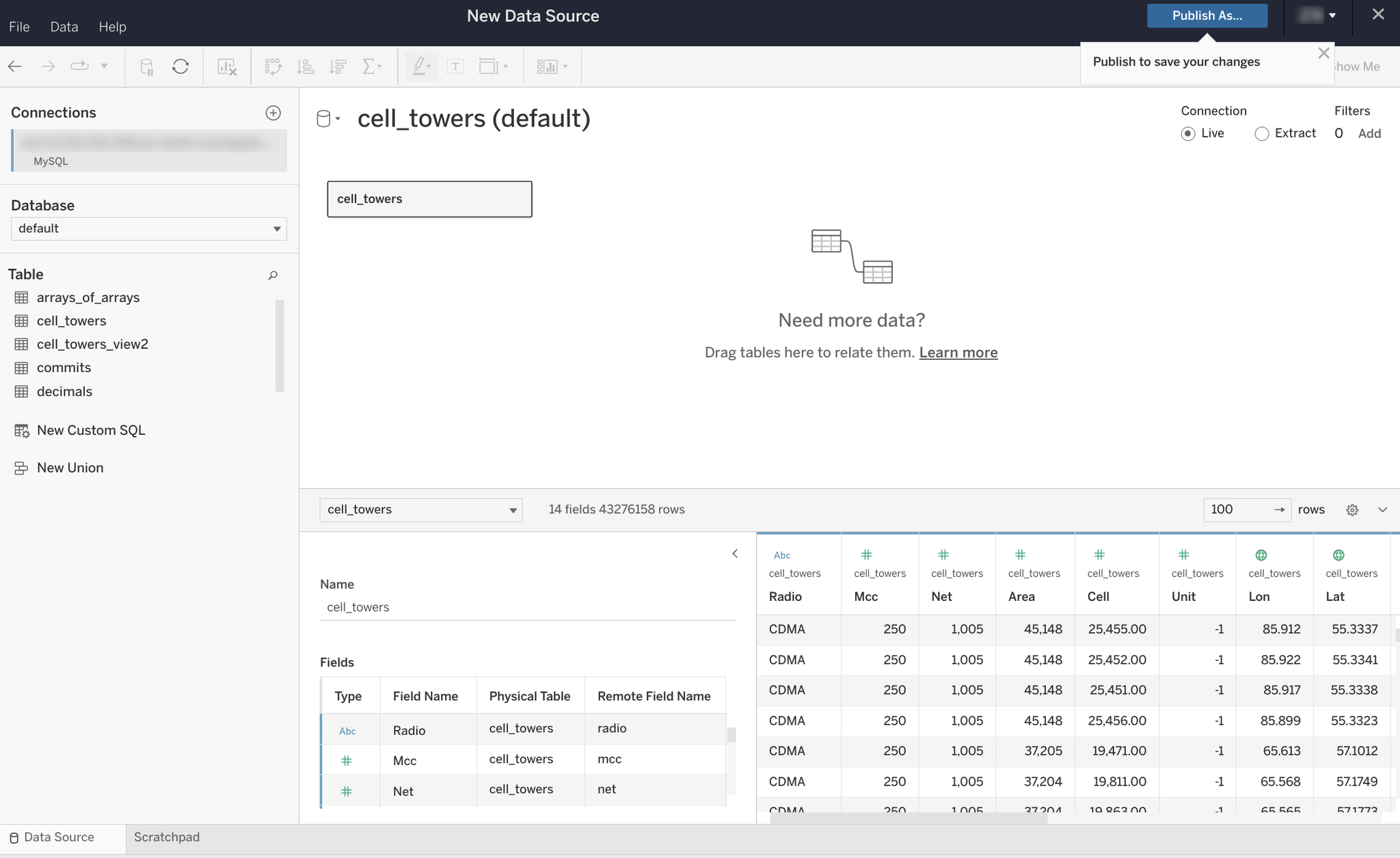Tableau Online data source page showing database tables on the left and canvas on the right with drag-and-drop functionality - Zoomed
